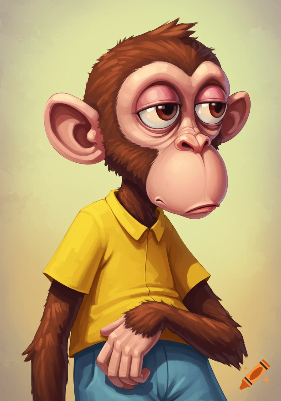 A cartoon monkey wearing a yellow polo shirt and blue pants, looking to the right with tired eyes.