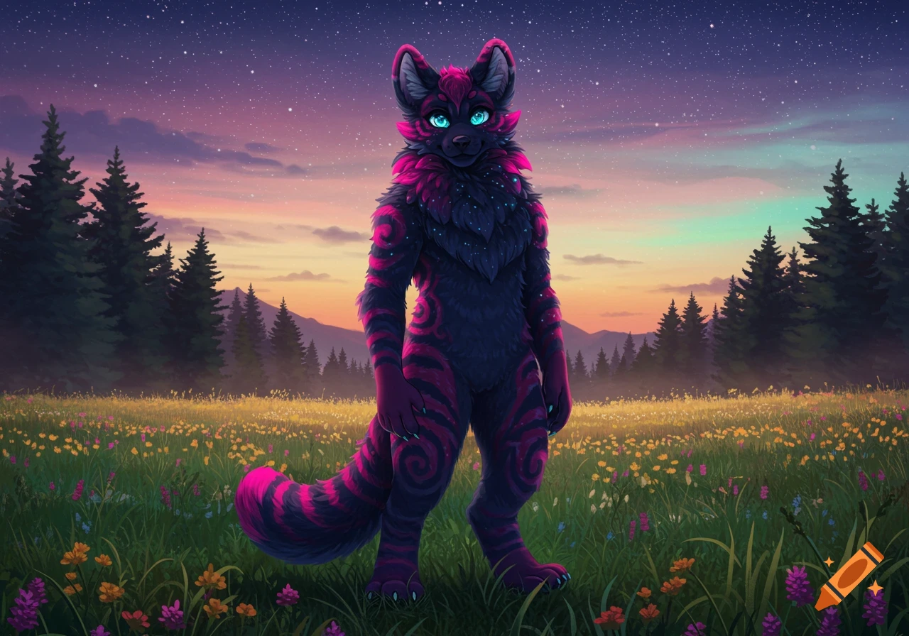 A dark blue and hot pink furry character with bright blue eyes stands in a field of wildflowers under a starry twilight sky with a colorful sunset.