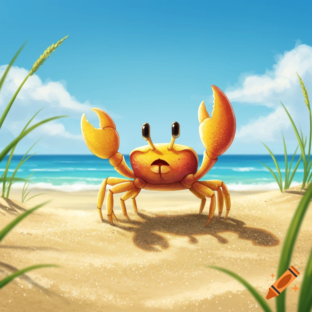 A cute orange and yellow cartoon crab on a sandy beach, with its claws raised, under a blue sky.