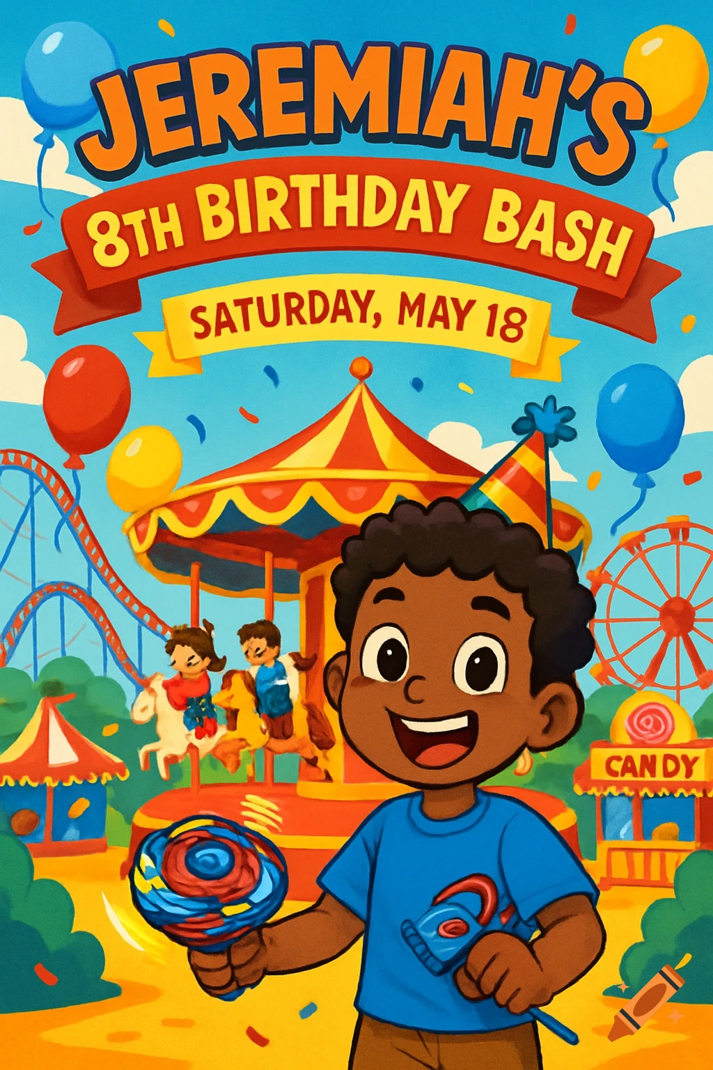 Cartoon invitation showing a happy boy in a birthday hat at an amusement park with text 'JEREMIAH'S 8TH BIRTHDAY BASH SATURDAY, MAY 18'.