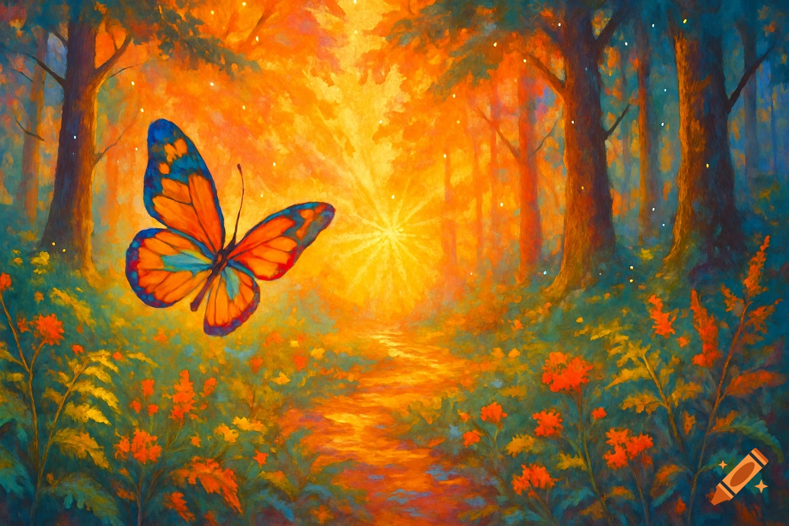 A vibrant painted forest scene with a butterfly flying over a path of glowing orange light.