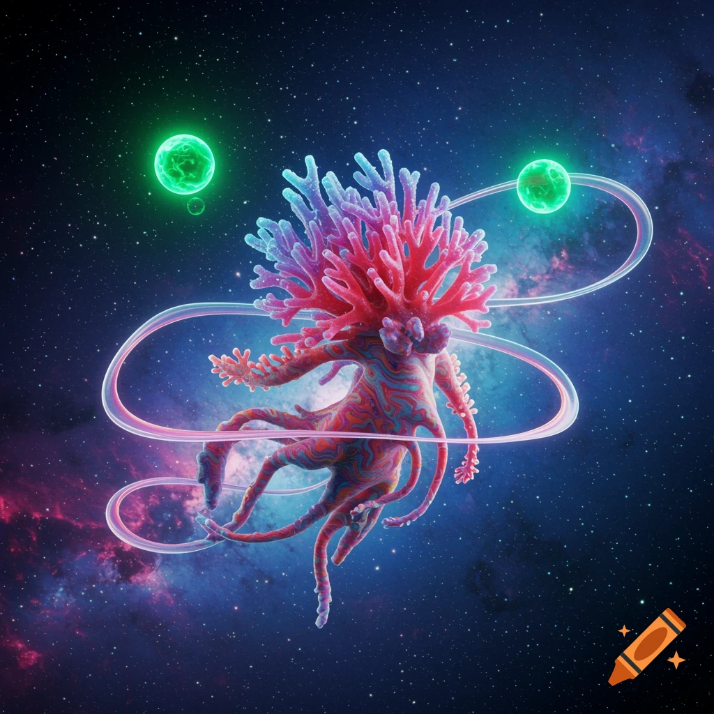 A vibrant, coral-like alien creature with many tentacles floats in a starry cosmic void, surrounded by glowing green orbs and swirling transparent tubes.