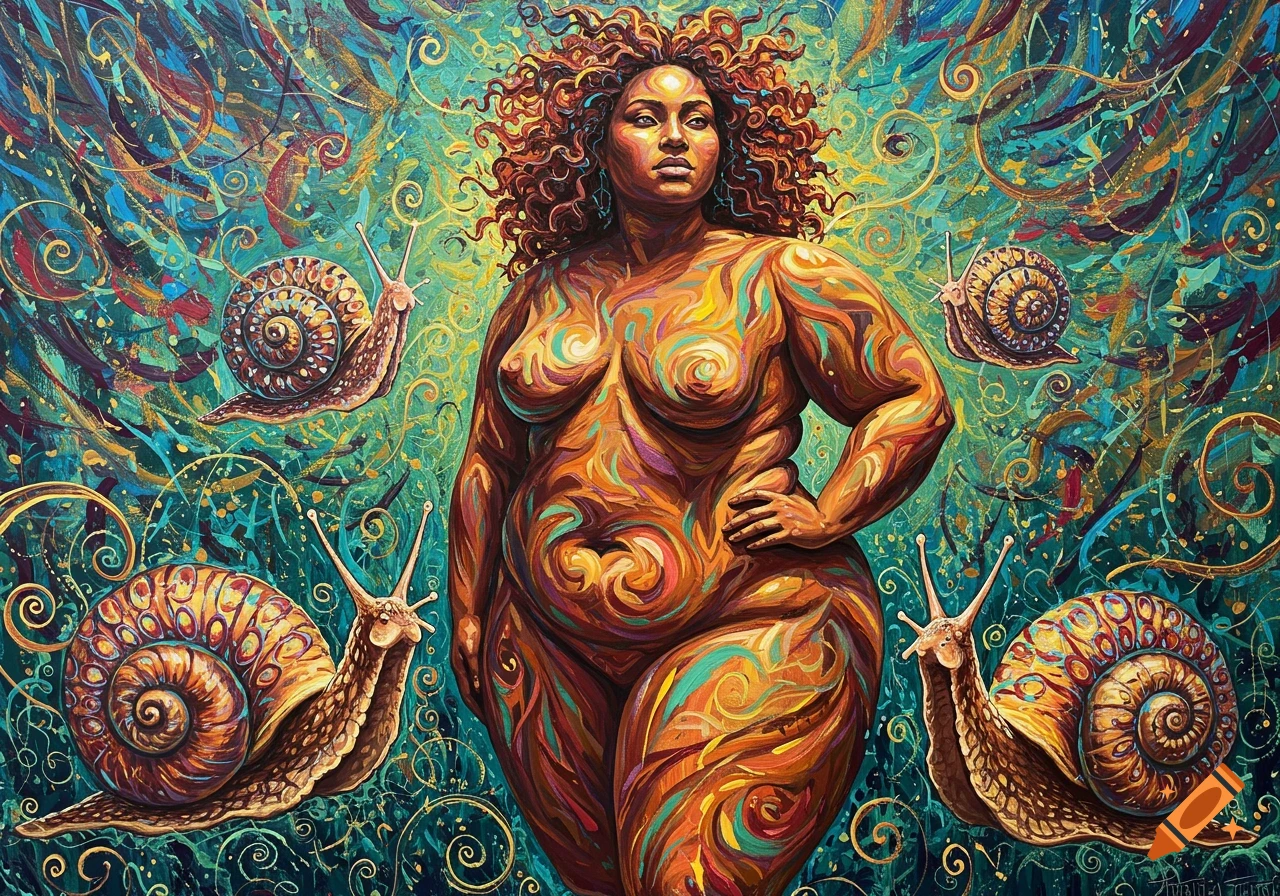 A vibrant mixed media painting of a plus-sized woman with red curly hair, her body adorned with abstract swirls, surrounded by large snails and an intricate, colorful abstract background.