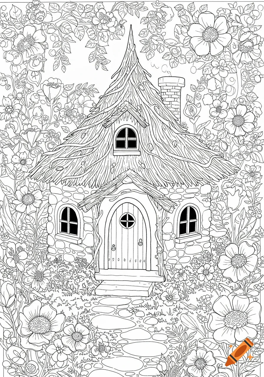 Detailed black and white coloring book style line art of a whimsical fairy house with a thatched roof and stone walls, surrounded by abundant blooming flowers.