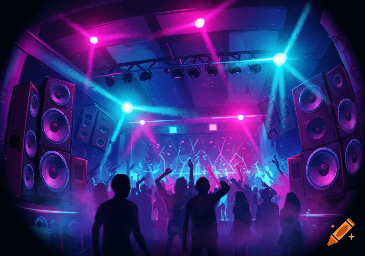 Silhouettes of people dancing under vibrant pink and blue neon lights in a crowded club with large speakers.