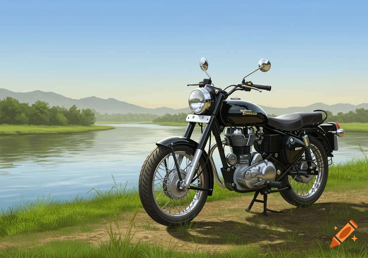 A black Royal Enfield Classic 350 motorcycle parked on a dirt path next to a river with mountains in the background, in an illustrative style.