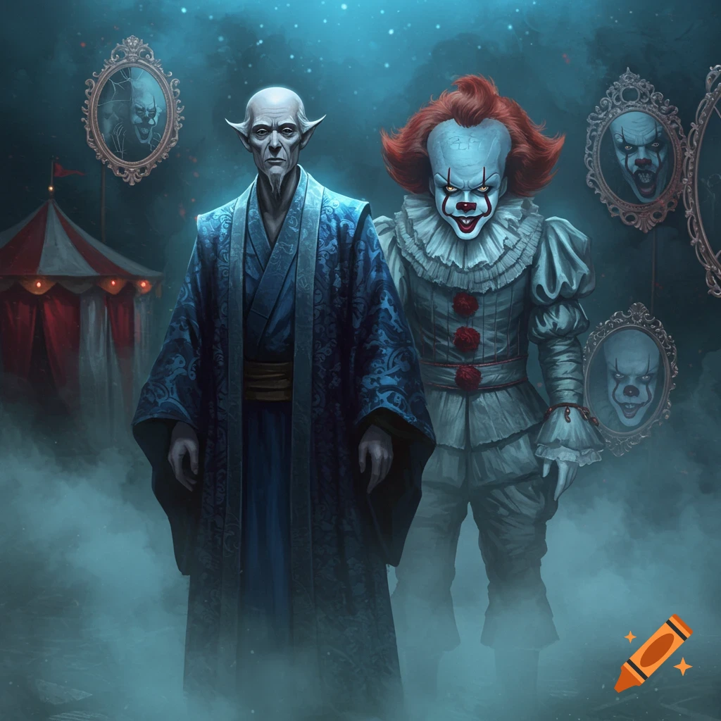 An old, bald man in a blue robe stands next to Pennywise the clown in a misty, dark circus setting with mirrored reflections of Pennywise.