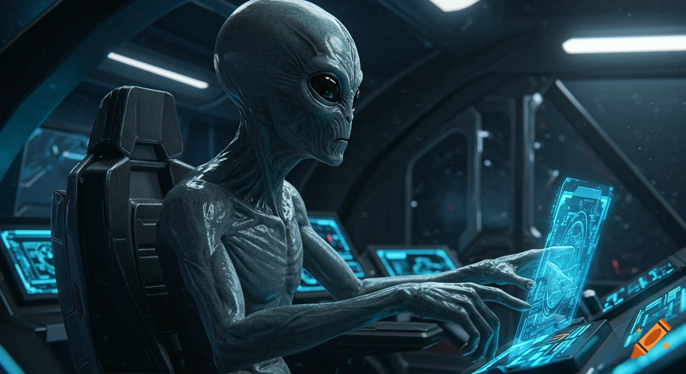 A grey alien with large black eyes operates a glowing holographic control panel in a spaceship cockpit.