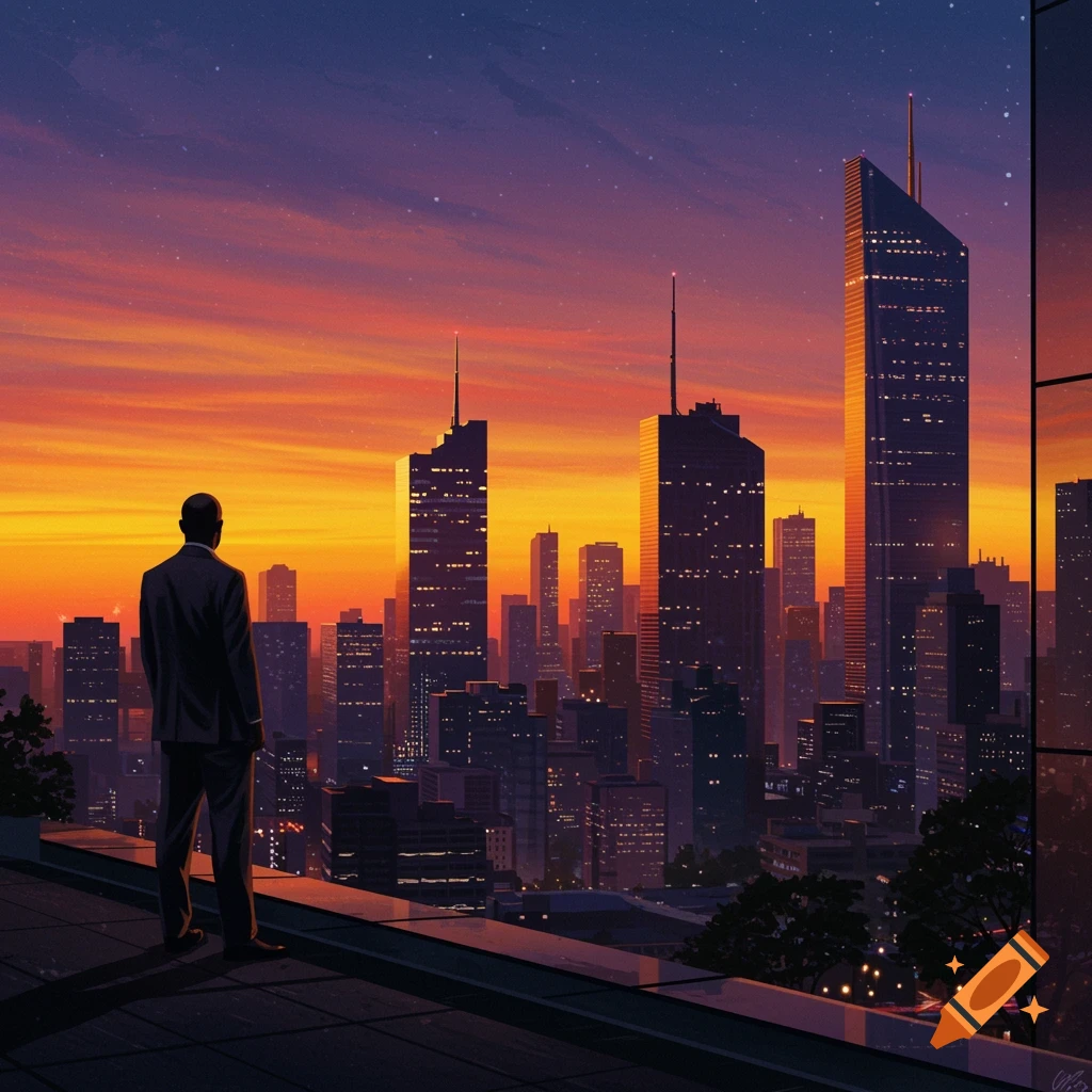 A man in a suit stands on a rooftop overlooking a vibrant city skyline at sunset.