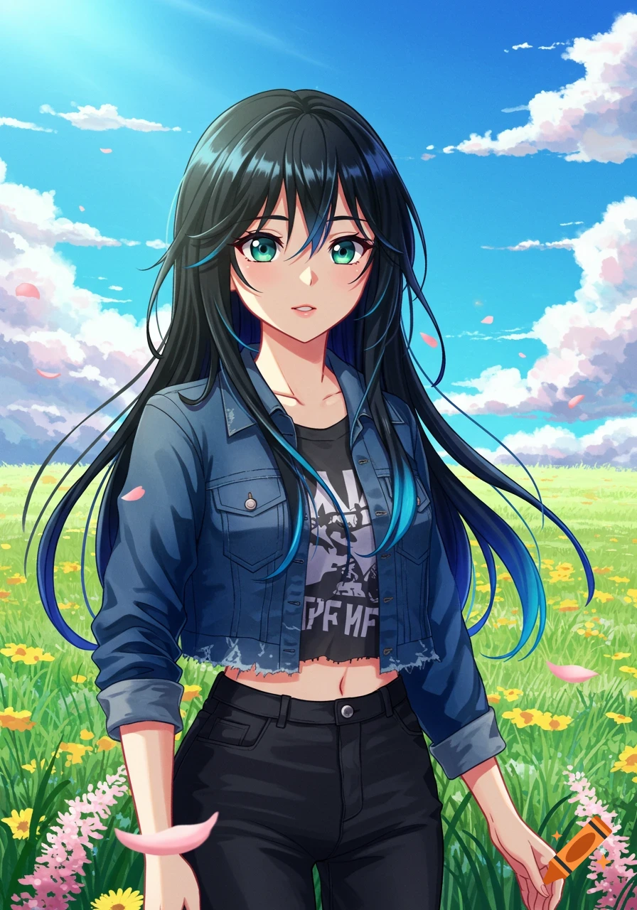 An anime girl with long black hair and blue tips, wearing a denim jacket and a black crop top, standing in a sunny field with yellow and pink flowers.
