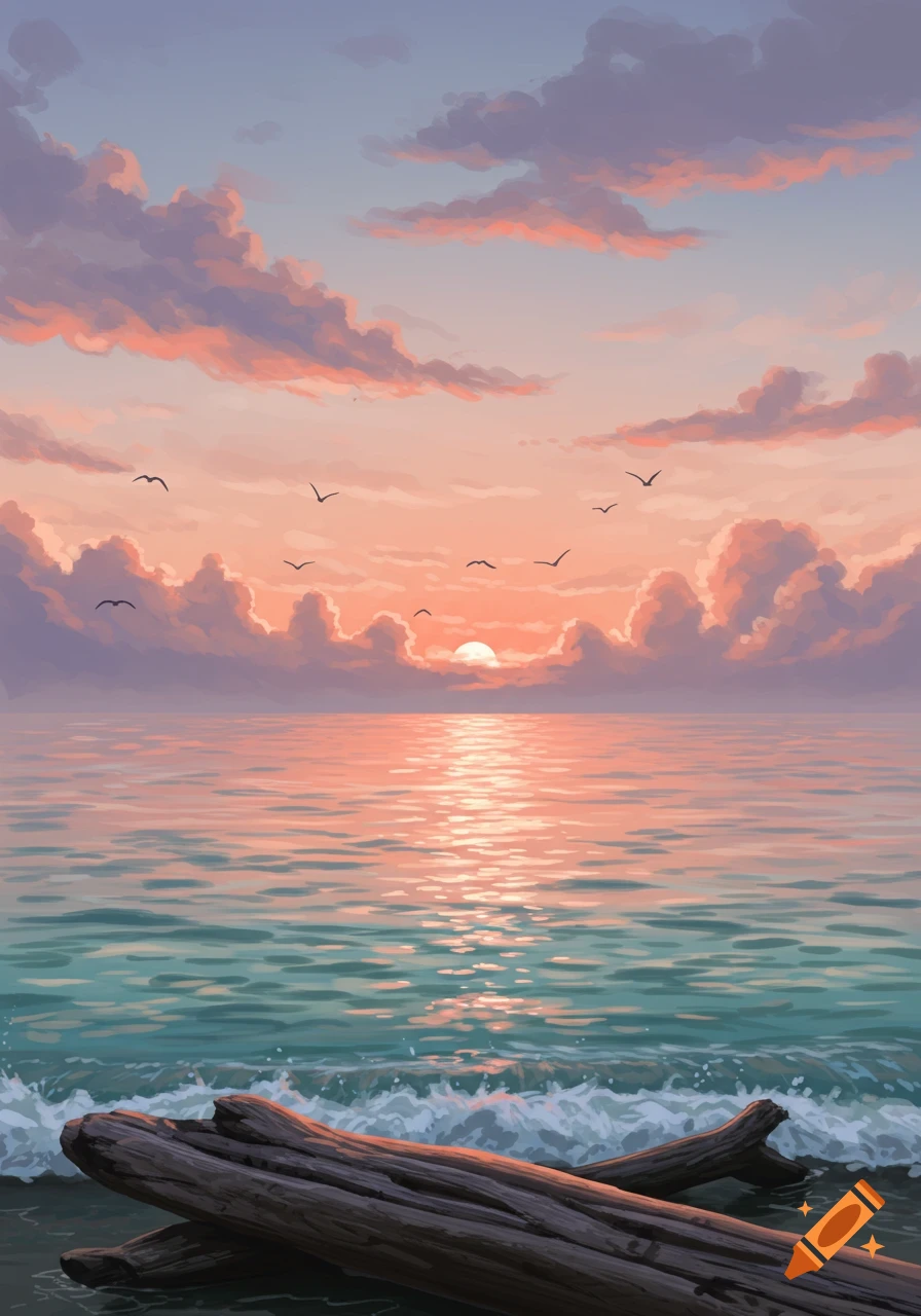 A vibrant sunset over the ocean with soft clouds, golden light reflecting on the water, and driftwood on the beach.