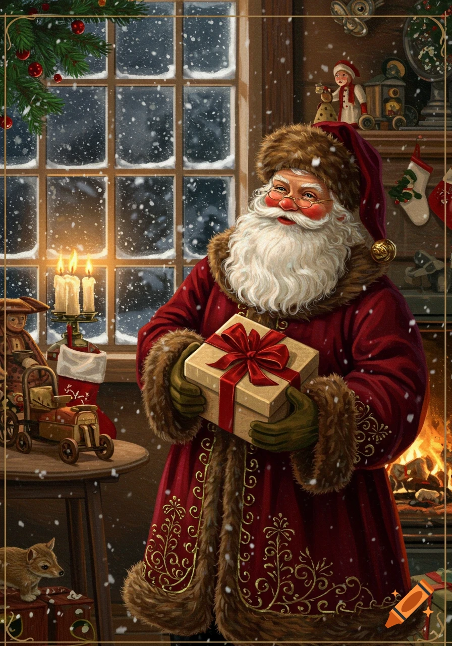 Vintage illustration of Santa Claus holding a wrapped gift inside a festive room with snow falling outside a window.