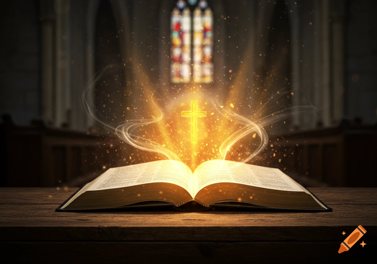 An open bible on a wooden table with golden light and a glowing cross emanating from its pages in a dimly lit church.