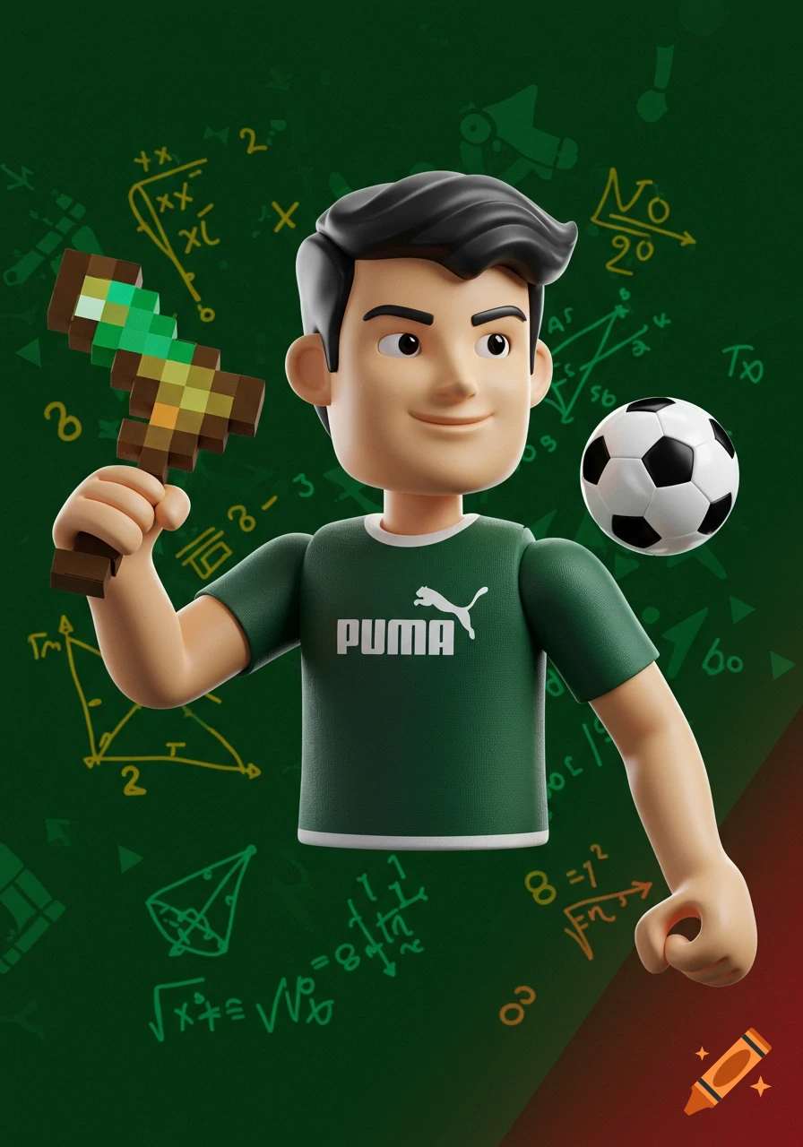 A smiling 3D cartoon boy with dark hair and a green Puma shirt holds a pixelated Minecraft sword. A soccer ball floats beside him, and math equations are drawn on the dark green background.