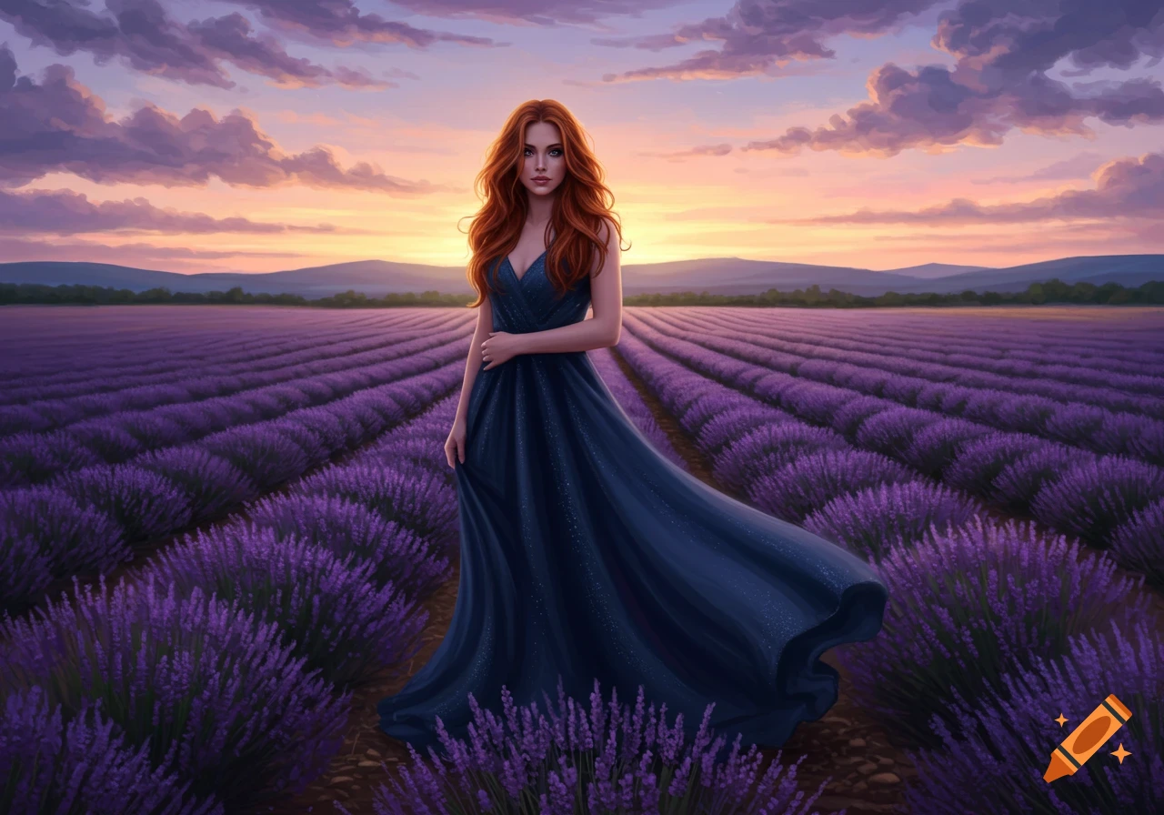 A woman with red hair in a dark blue dress stands in a vast purple lavender field under a colorful sunset sky.