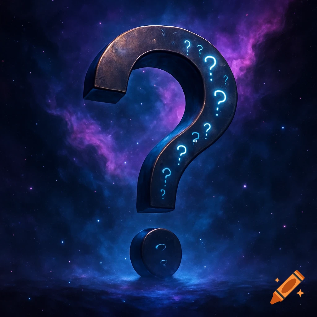 A large, metallic question mark glows with blue light against a deep blue and purple cosmic background filled with stars.