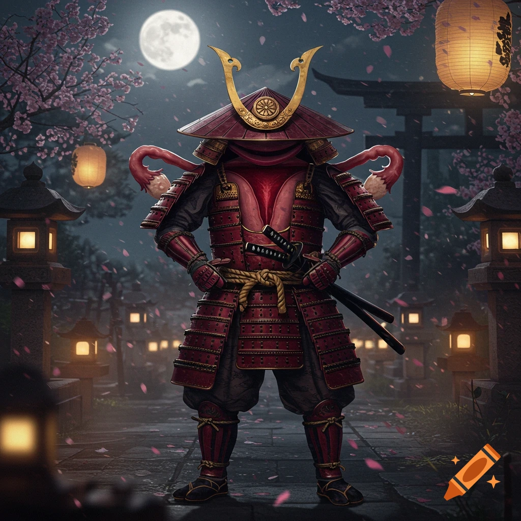 A figure in red samurai armor with a stylized uterus-shaped head stands in a moonlit Japanese garden with cherry blossoms and lanterns.