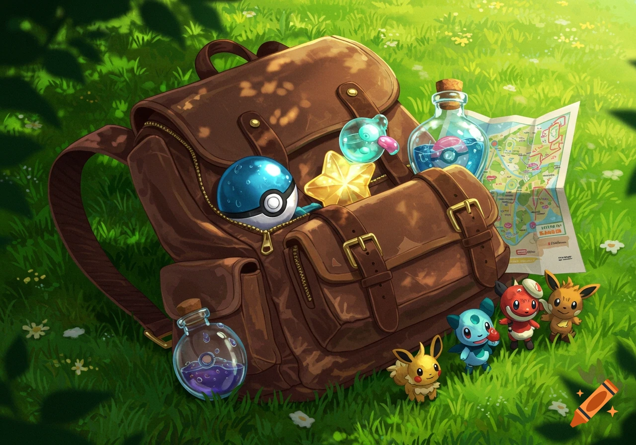 A digital illustration of a brown backpack on green grass filled with Pokemon items like a Pokeball, potions, a map, and small Pokemon figures.