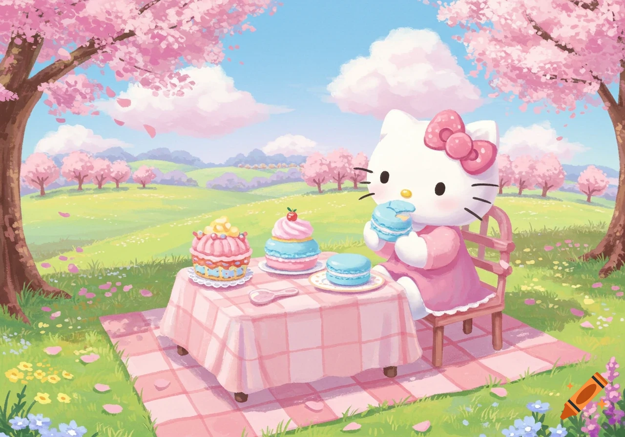 Hello Kitty in a pink dress having a picnic under cherry blossom trees, eating a blue macaron with cakes and macarons on the table.