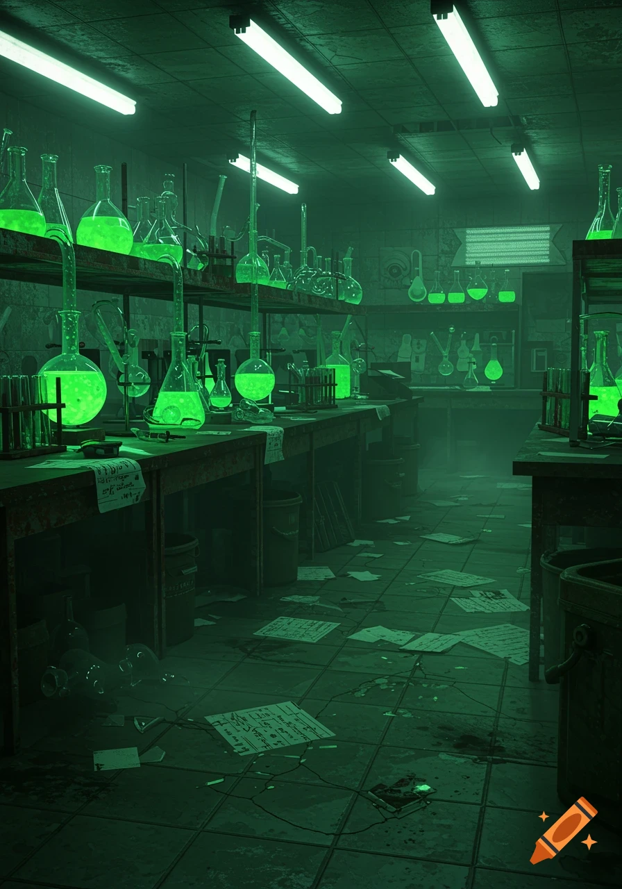A dark, eerie dystopian laboratory filled with glowing green liquids in flasks, with papers scattered across the floor and tables.