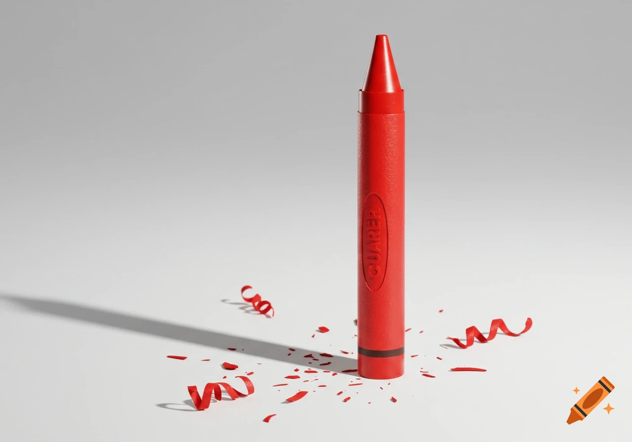 A red crayon stands upright on a white surface, surrounded by red crayon shavings.