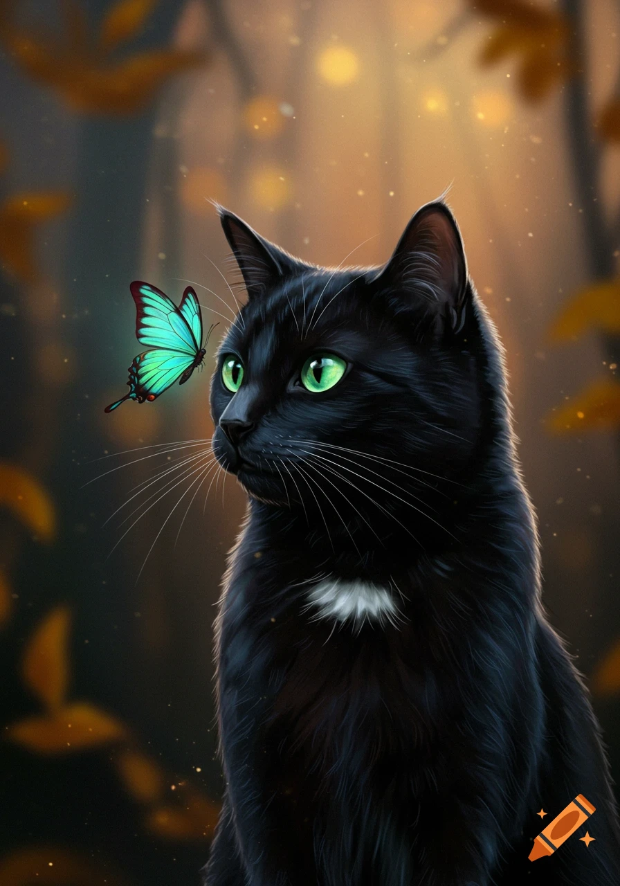 A black cat with vibrant green eyes gazes at a glowing teal butterfly in a soft, autumnal forest setting.