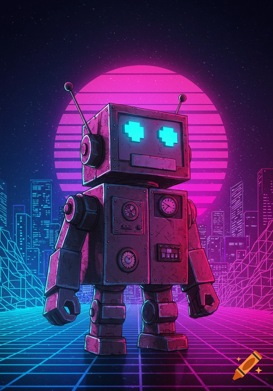 A retro boxy robot stands on a neon grid floor with a synthwave cityscape and pink sunset in the background.