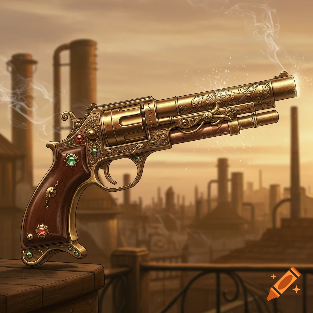An ornate golden steampunk pistol with red and green jewels and a wooden grip, emitting smoke and light against a blurred industrial city background at dusk.