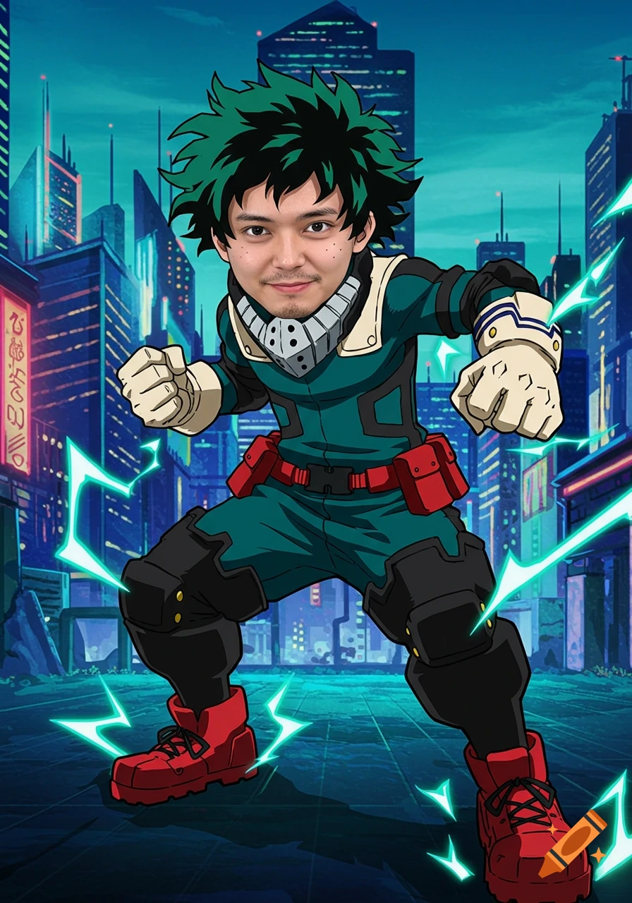 A man's face composited onto the body of Deku from My Hero Academia, in an anime style, standing in a dynamic pose in a city.