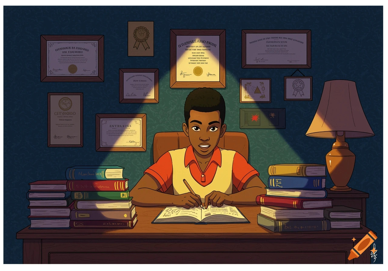 Cartoon illustration of a young Black man studying at a desk with books and certificates on the wall.