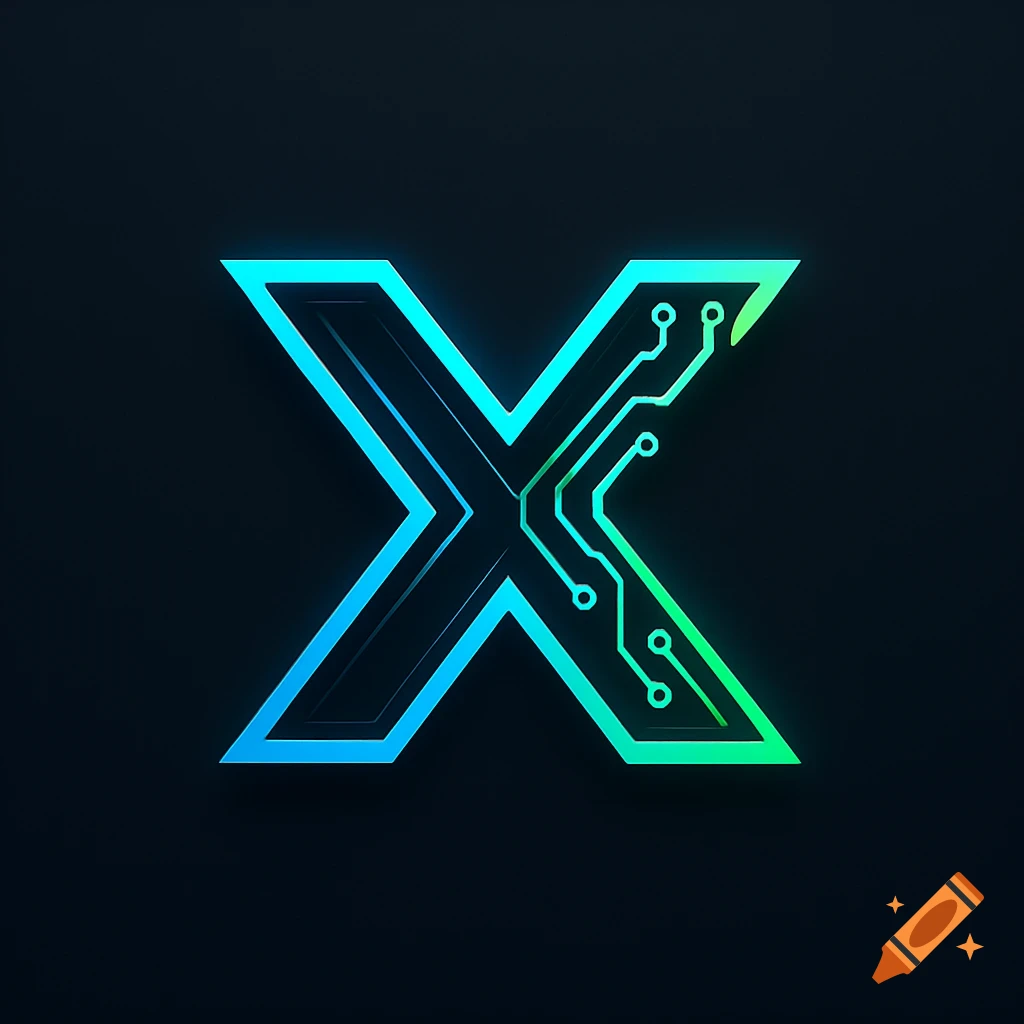 A vibrant neon blue and green letter X logo, stylized with circuit board patterns, against a dark background.