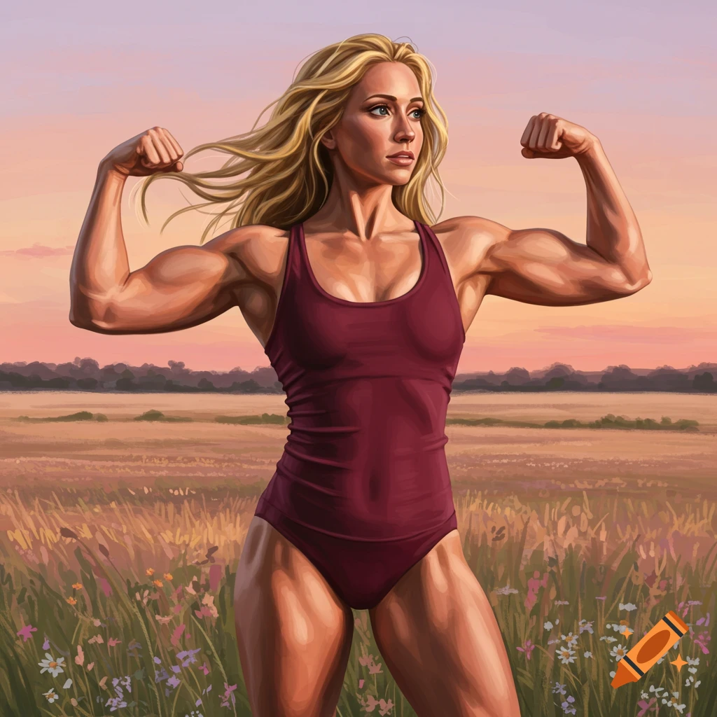 A muscular blonde woman in a maroon swimsuit flexes her biceps in a field at sunset.
