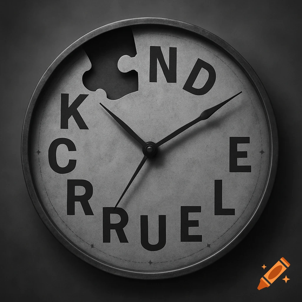 A grayscale analog clock features the word "KIND" on its upper left and "CRUEL" on its lower right, with a puzzle piece cut out from the top left.
