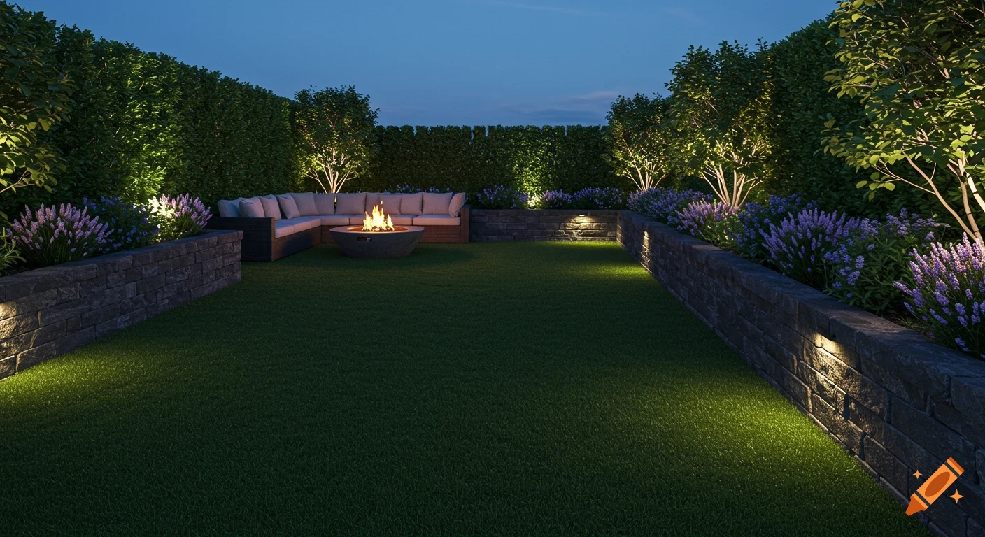 Photorealistic backyard patio at night with fire pit, sofa, artificial turf, stone walls, hedges, and purple flowers with accent lighting.