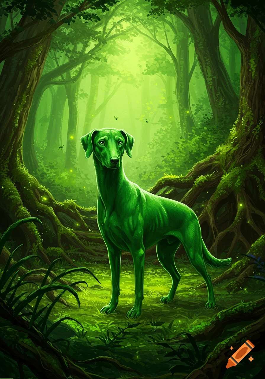 A vibrant green dog stands in a lush, luminous green forest.