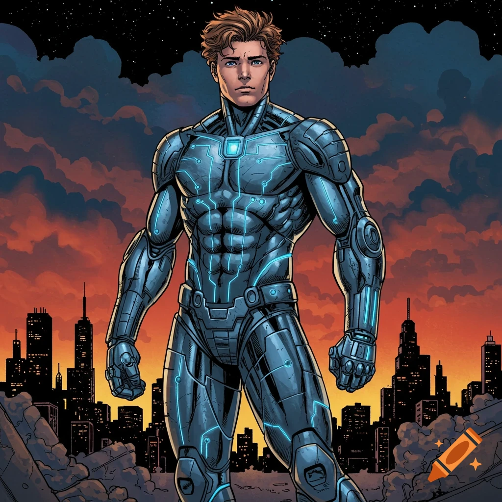 A male character in glowing futuristic armor stands confidently before a city skyline at sunset, in a comic book style.