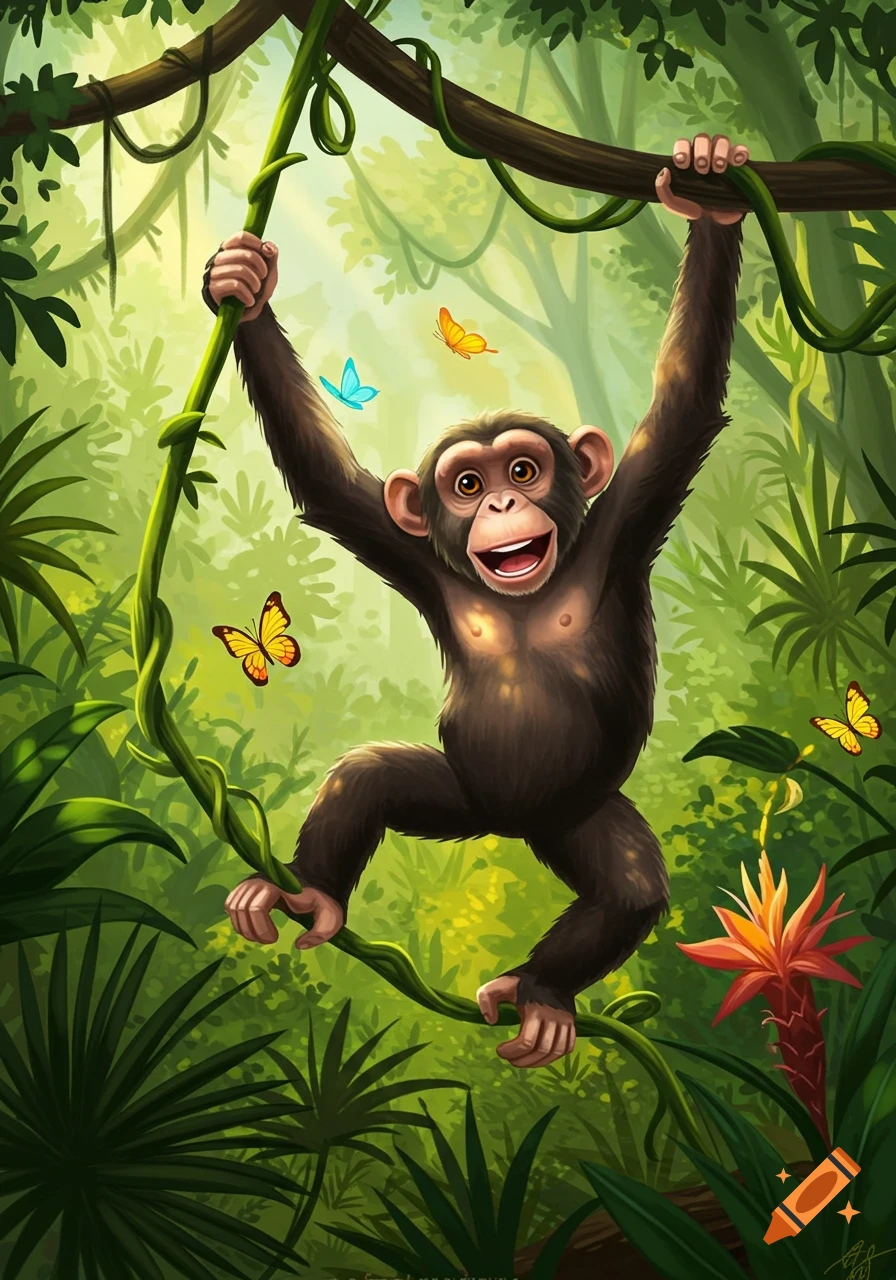 A happy cartoon chimpanzee swings on a vine in a vibrant green jungle with colorful butterflies flying around.