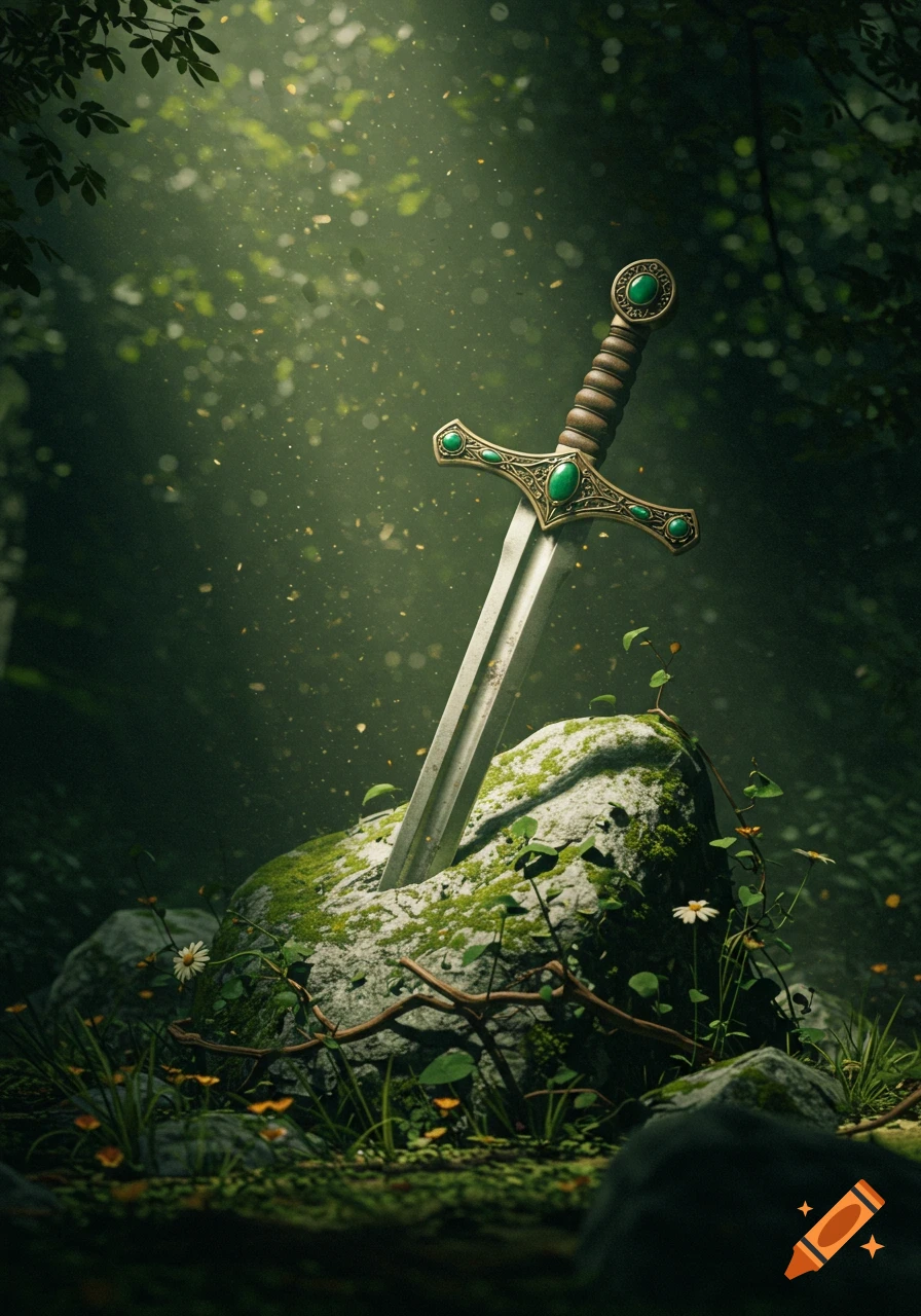 A sword with an ornate hilt and green gems plunged into a moss-covered rock in a sun-dappled forest.