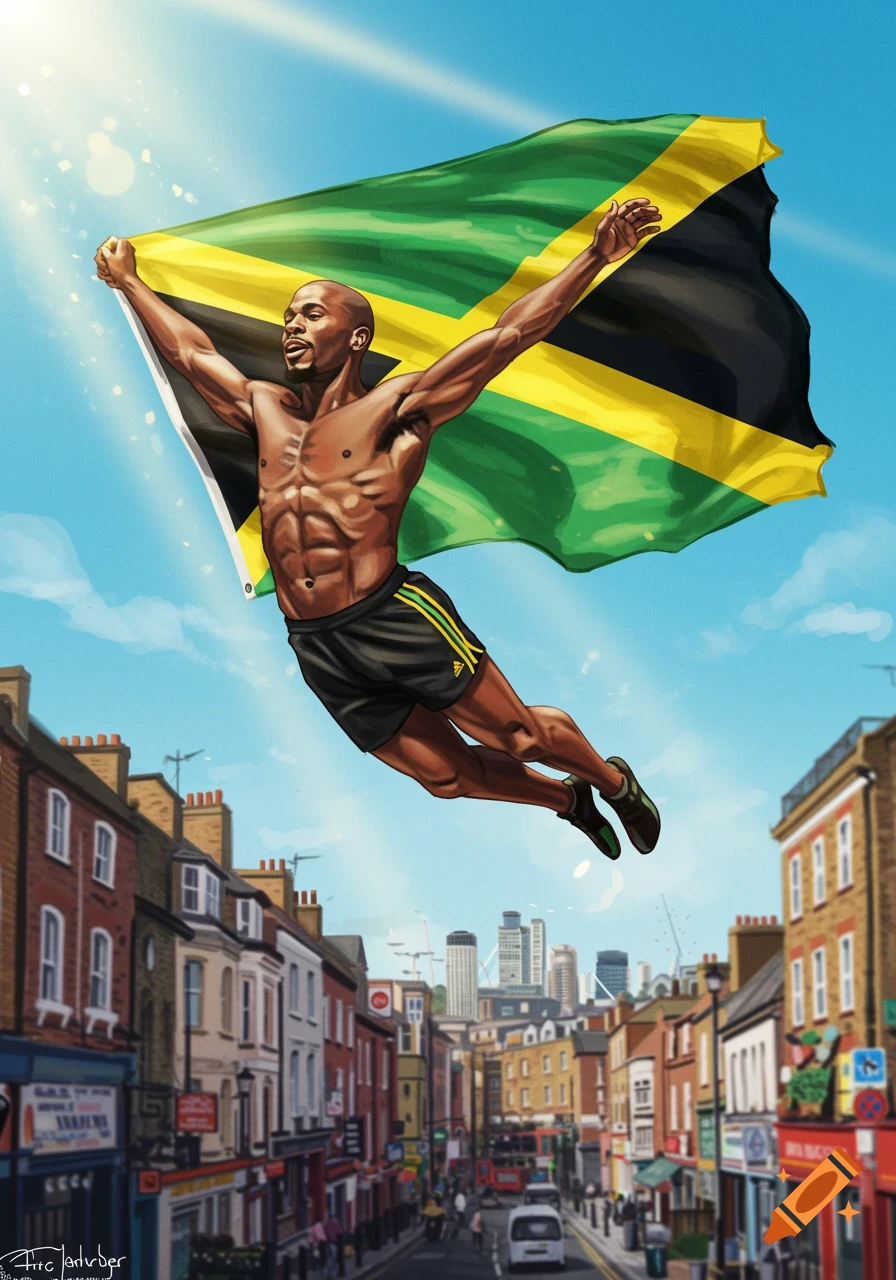 An illustrated image of a muscular bald man in athletic shorts flying while holding a large Jamaican flag over a busy city street on a sunny day.