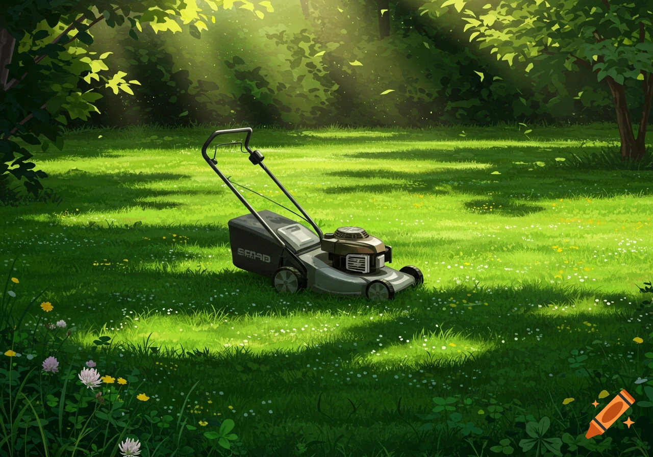 An illustration of a lawnmower sitting in a sun-dappled green garden, with trees and wildflowers.
