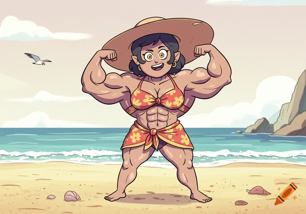 A muscular woman with short dark hair and a sun hat flexes her biceps on a sandy beach, wearing a floral bikini and sarong. A seagull flies in the sky.