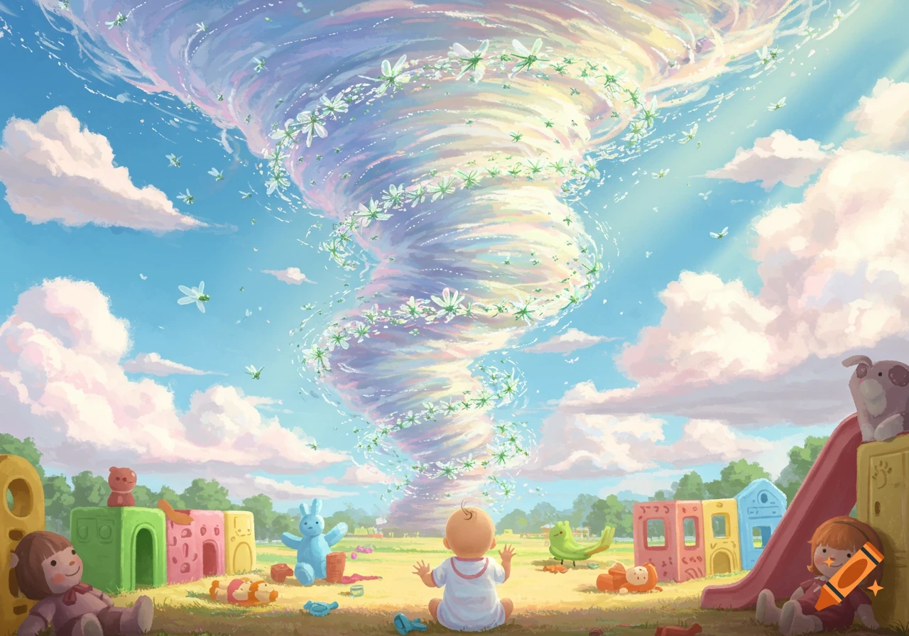 Dreamlike illustration of a baby sitting in a colorful playground under a towering pastel cloud tornado swirling with white flowers.