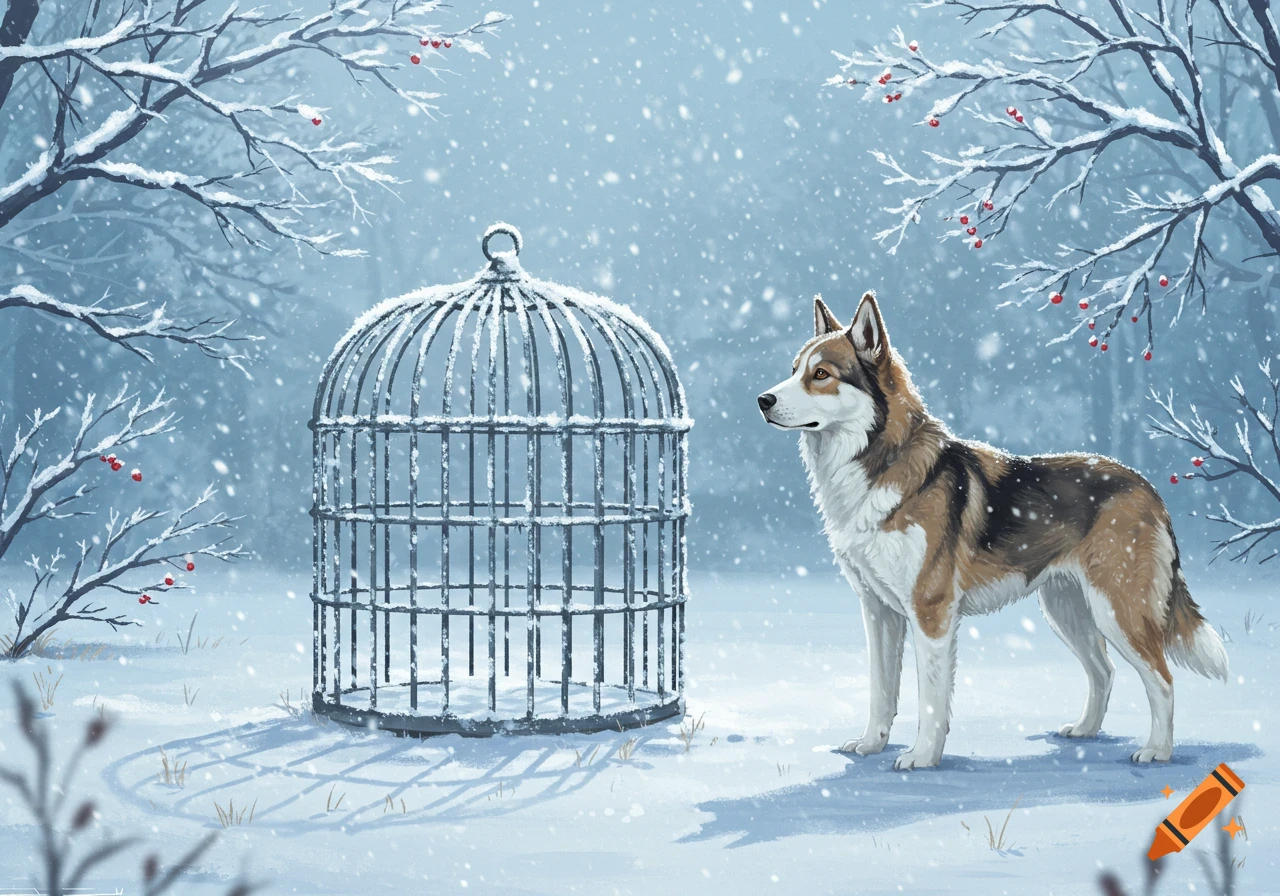 A wolf-like dog stands next to an empty birdcage in a snowy forest with falling snow.