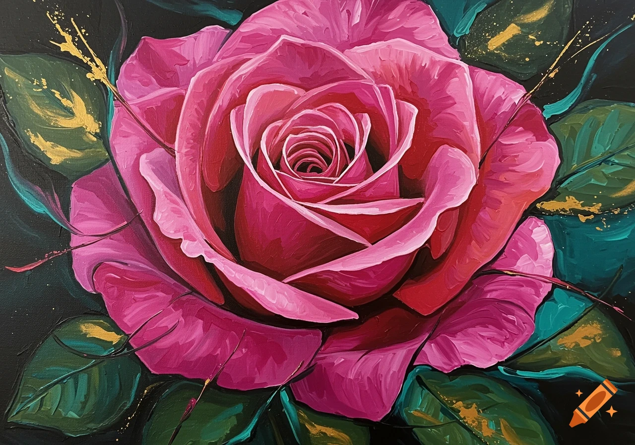 A vibrant pink rose painting with green leaves and gold accents on a dark background.