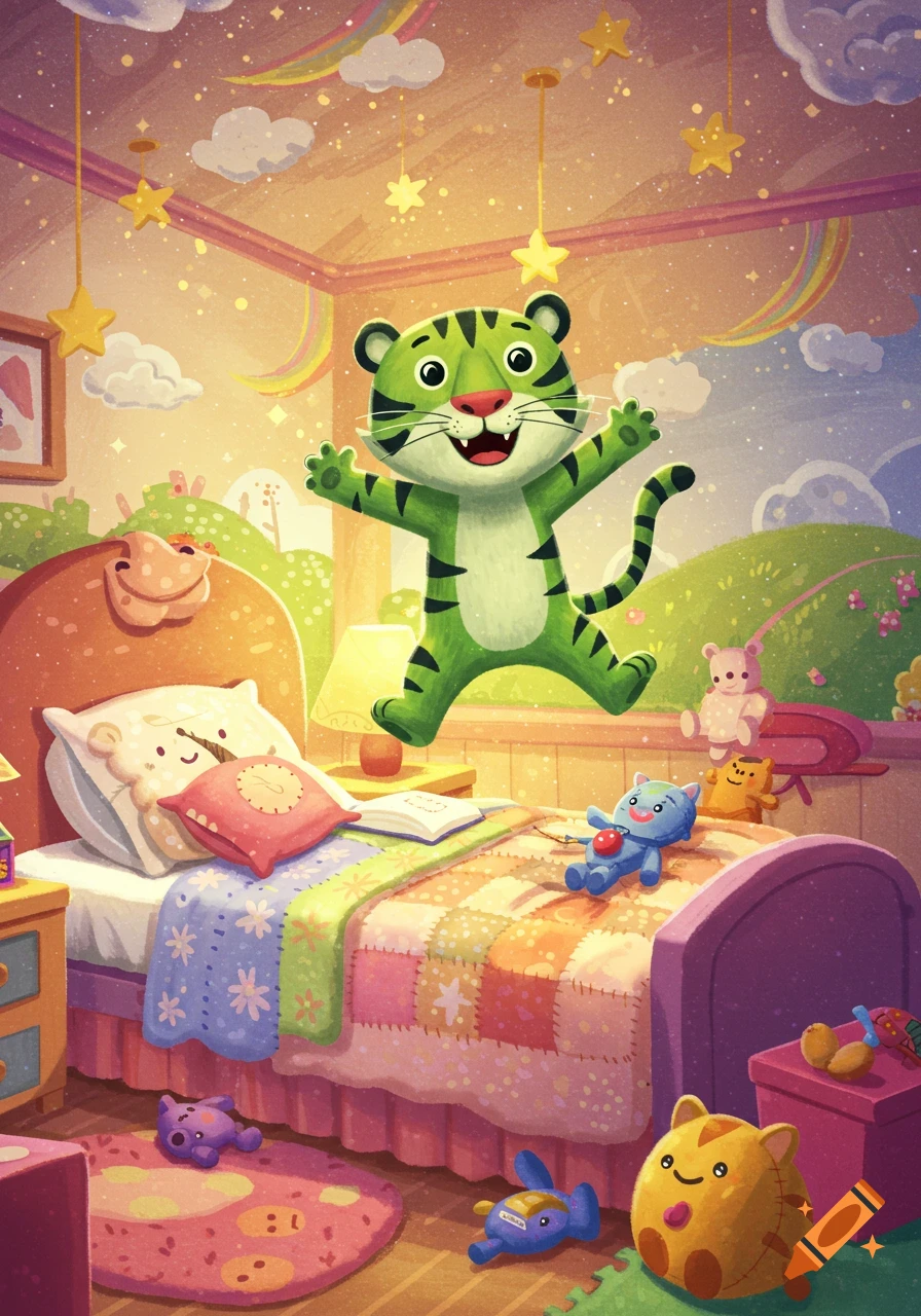 A whimsical cartoon illustration of a green tiger joyfully jumping on a bed in a colorful, starry child's bedroom filled with toys.