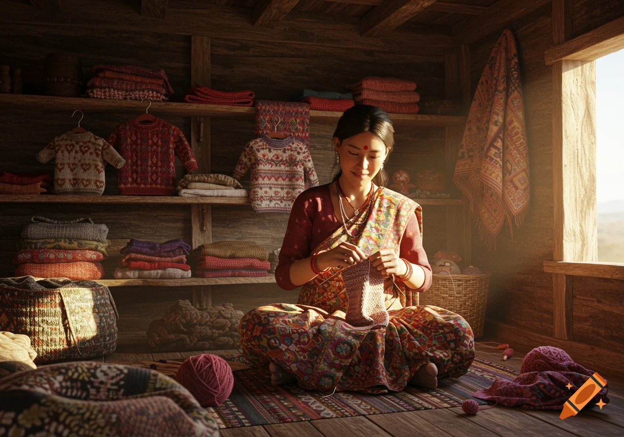 A Nepali woman in traditional attire knitting woolen clothes in a rustic home, surrounded by shelves of folded garments and yarns. Photorealistic style.