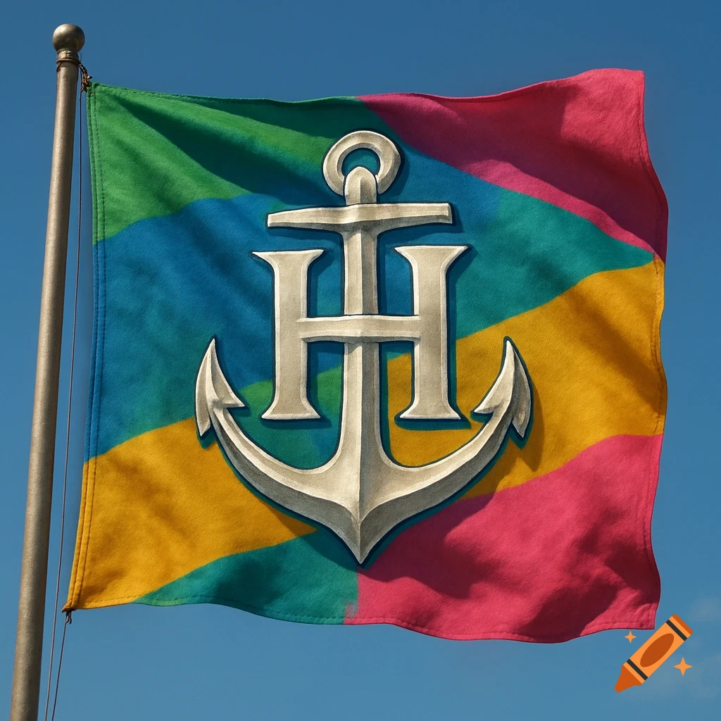A vibrant flag with a silver anchor and H emblem against a striped green, blue, yellow, and pink background, under a clear blue sky.