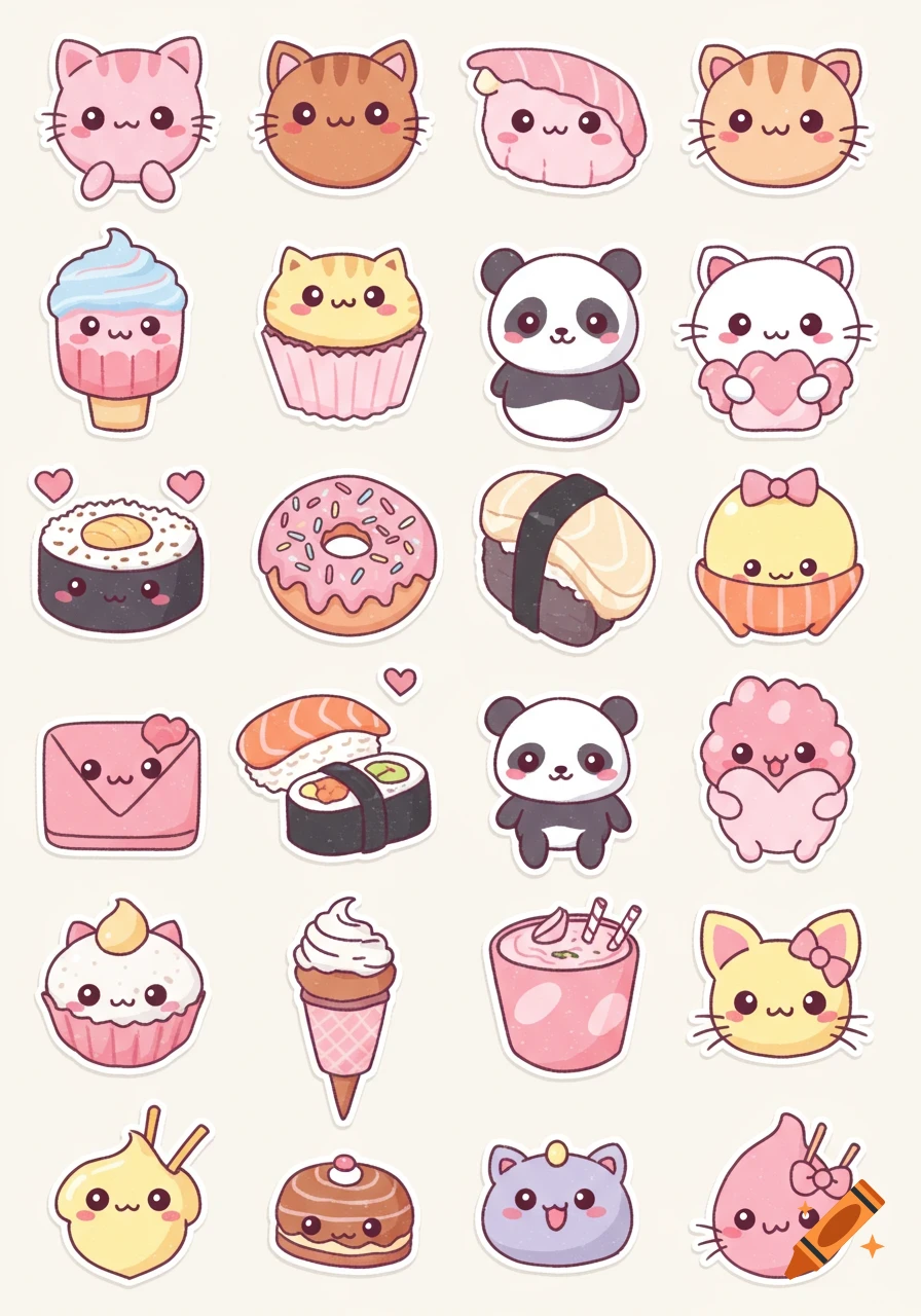 A grid of pastel kawaii stickers depicting various cute animals (cats, pandas) and food items (cupcakes, sushi, donuts) with happy faces.