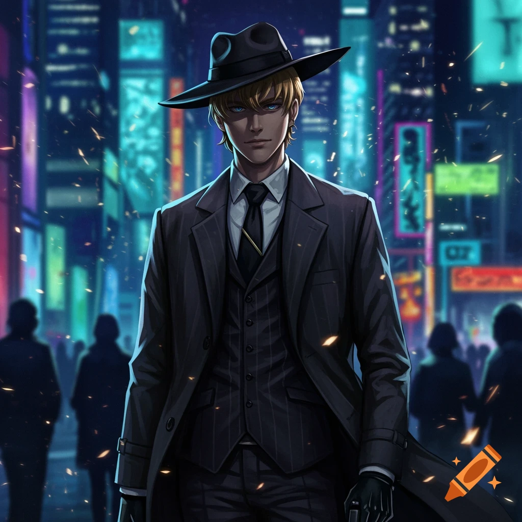 An anime-style man in a suit and fedora with blond hair and blue eyes walks through a neon-lit city at night.