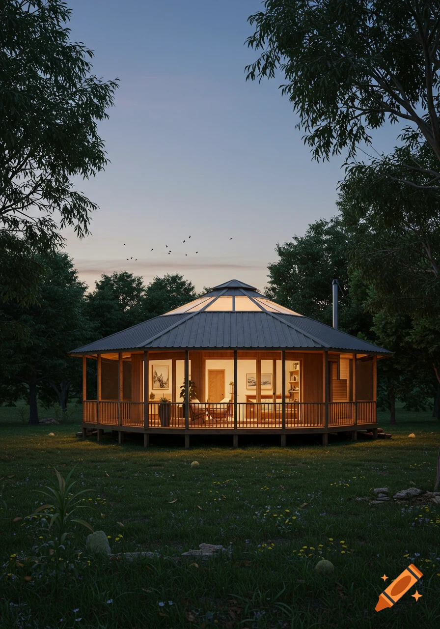 A photorealistic image of a round wooden house with a screened porch, lit from within, surrounded by trees at dusk.